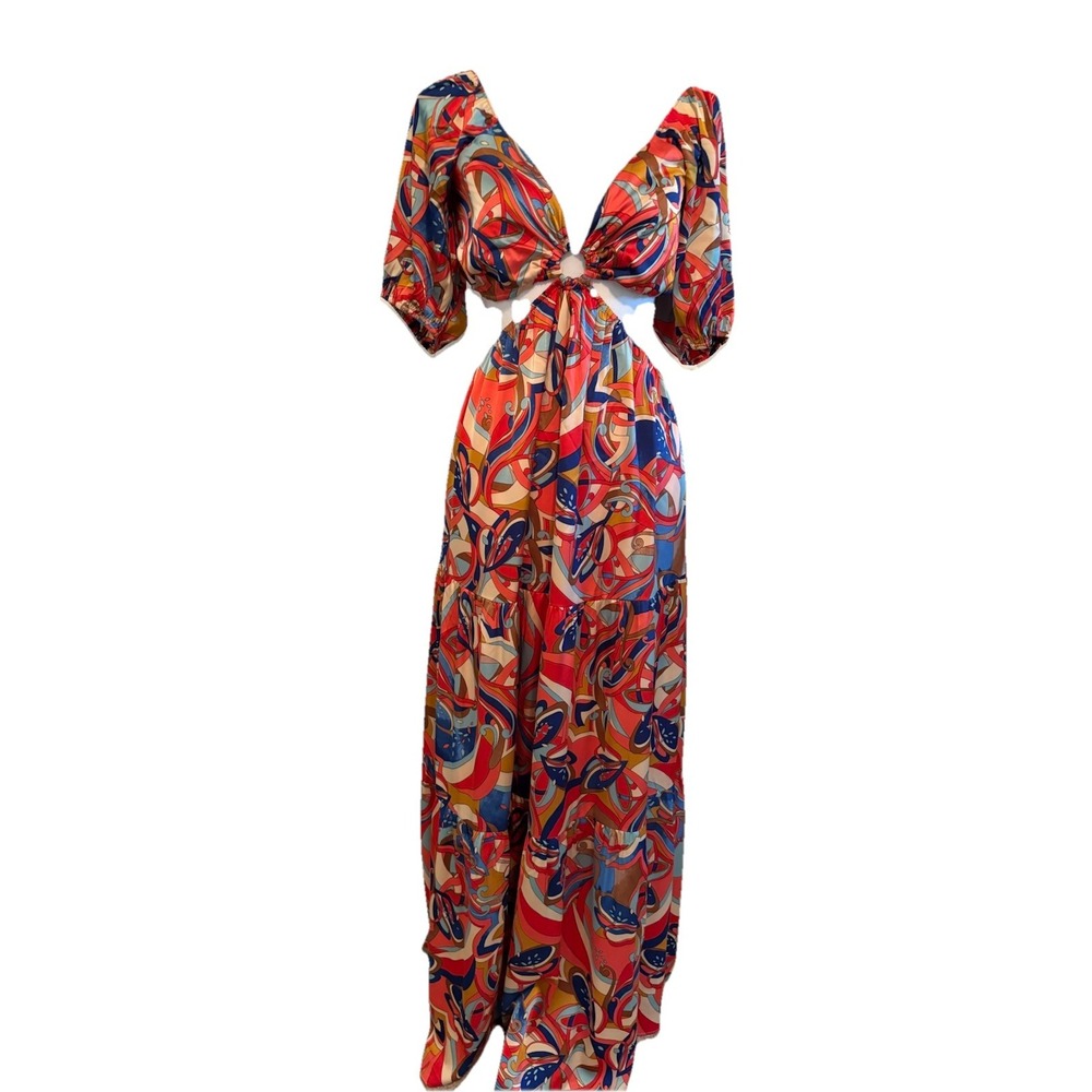 Acoa Vici Satin Multicolor Side Cut Out Maxi Dress Lined Tiered Puff Sleeve Sz L